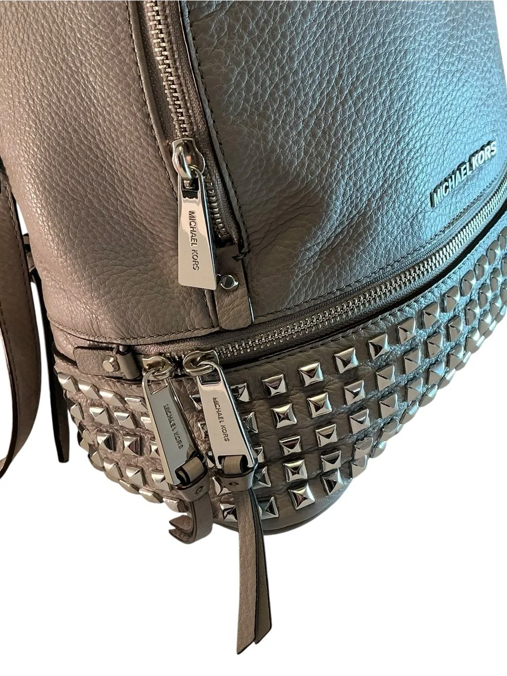 MICHAEL KORS Rhea Zip Studded Backpack Pebbled Leather Bag Pearl Gray- 12